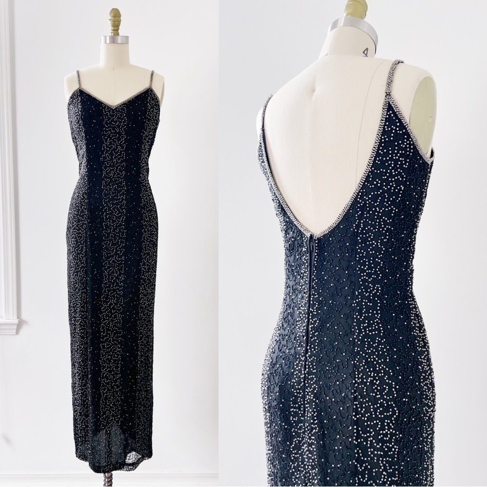vintage • Laurence Kazar 90s beaded maxi dress black silk chiffon formal evening